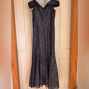 R & M Richards Elegant Deep Blue Lace Evening Gown. Size 16